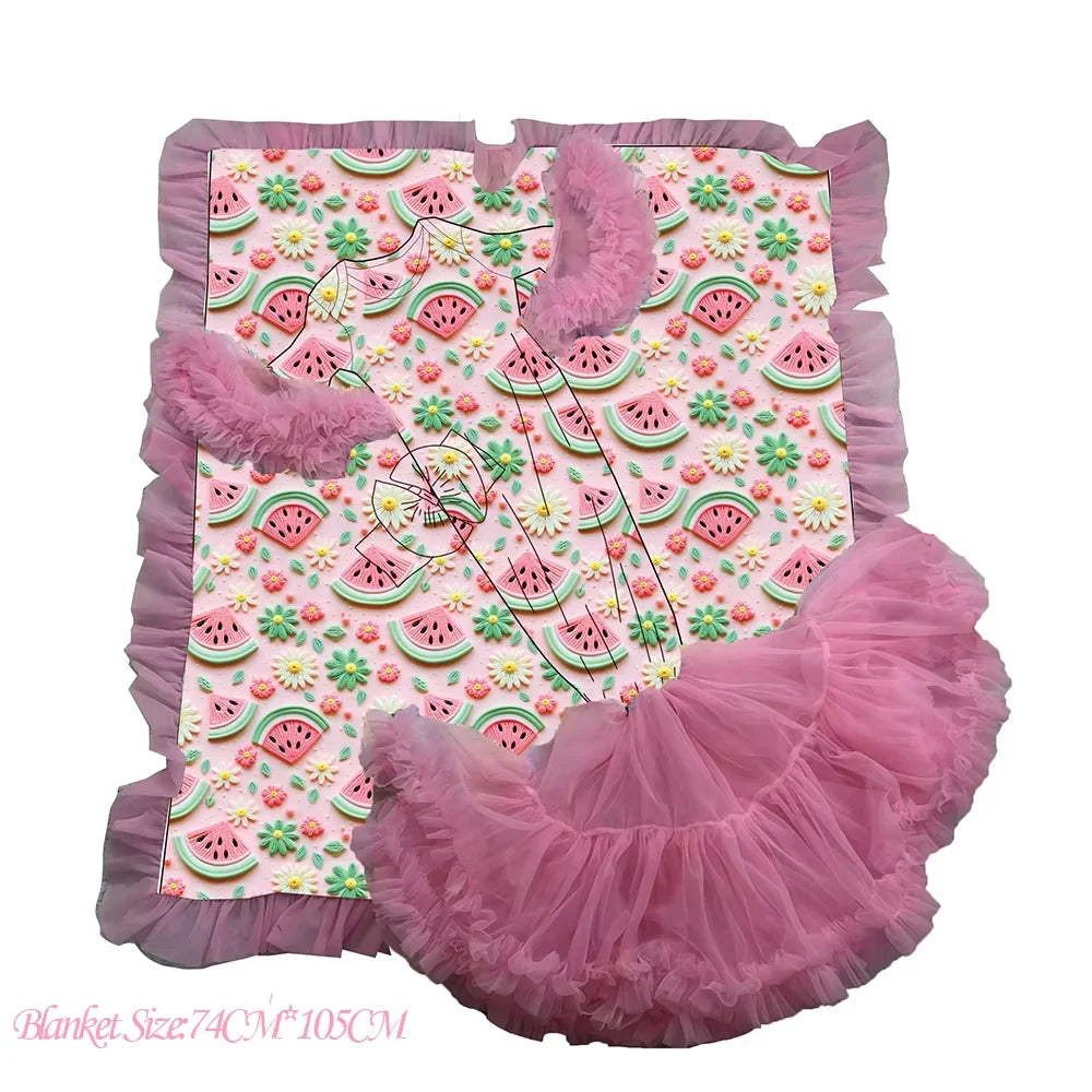New Baby Gown Clothes Watermelon Tutu Petti Gown Newborns Rainbow Flower Baby Girl Gown Matches Baby Blanket Customizable