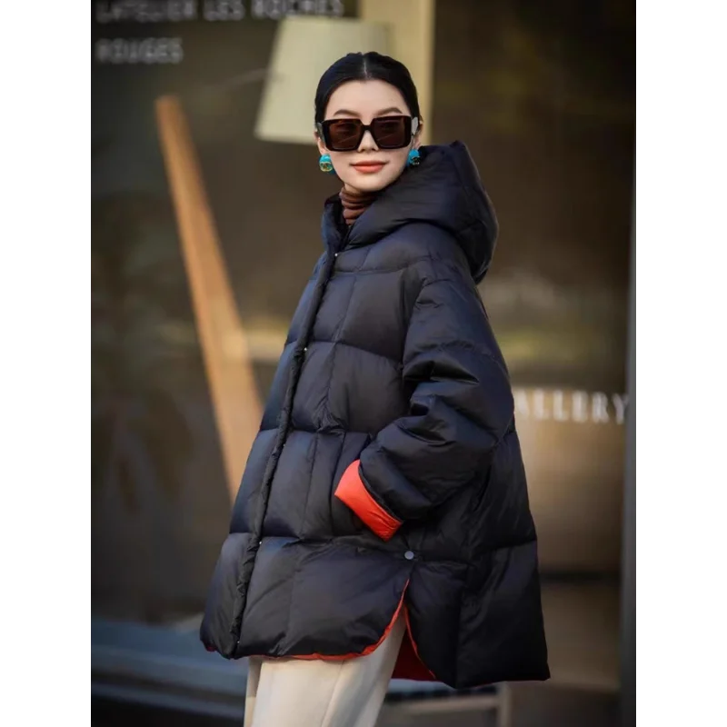 Winter Clothes for Women Fashion Color Collision Thickened Warm Puffer Jacket Casual Loose Hooded White Duck Down Jacket