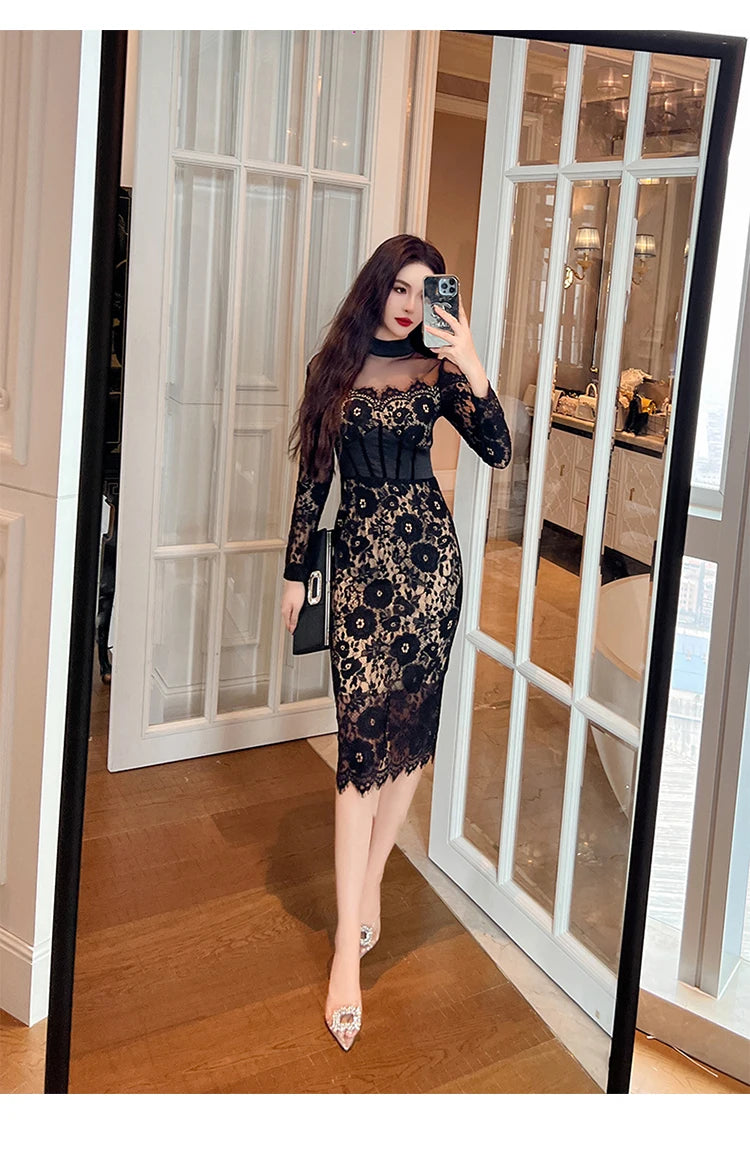 Fashion Ladies Black Lace Evening Dresses Women Clothing Elegant Chic Sexy Long Sleeve Slim Party Club Prom Dress Mujer Vestidos