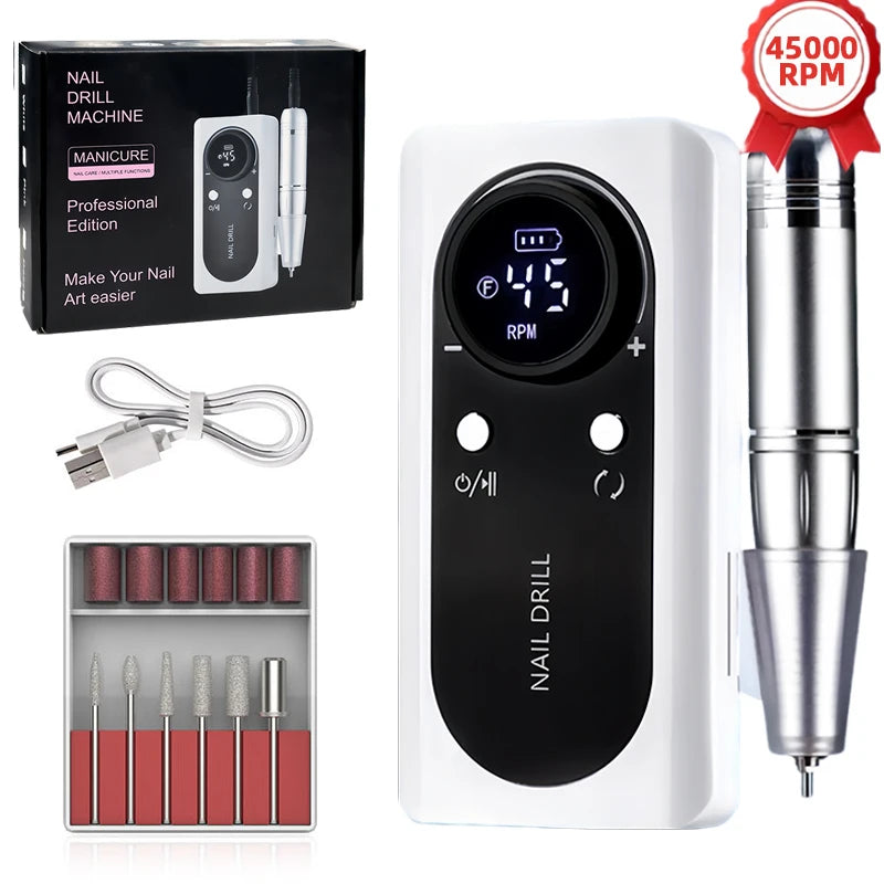 45000RPM Nail Drill Machine Kit Rechargeable Nail Sander Machine With Pause Mode Professional Electric Nail File for Manicure