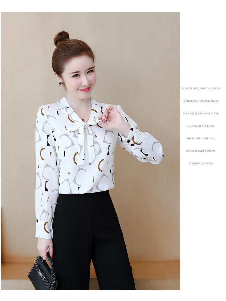 Fashion Female Elegant Bow Tie  pink Blouses Chiffon Collar Casual Shirt Office Ladies Blouse Summer Blouses for Women