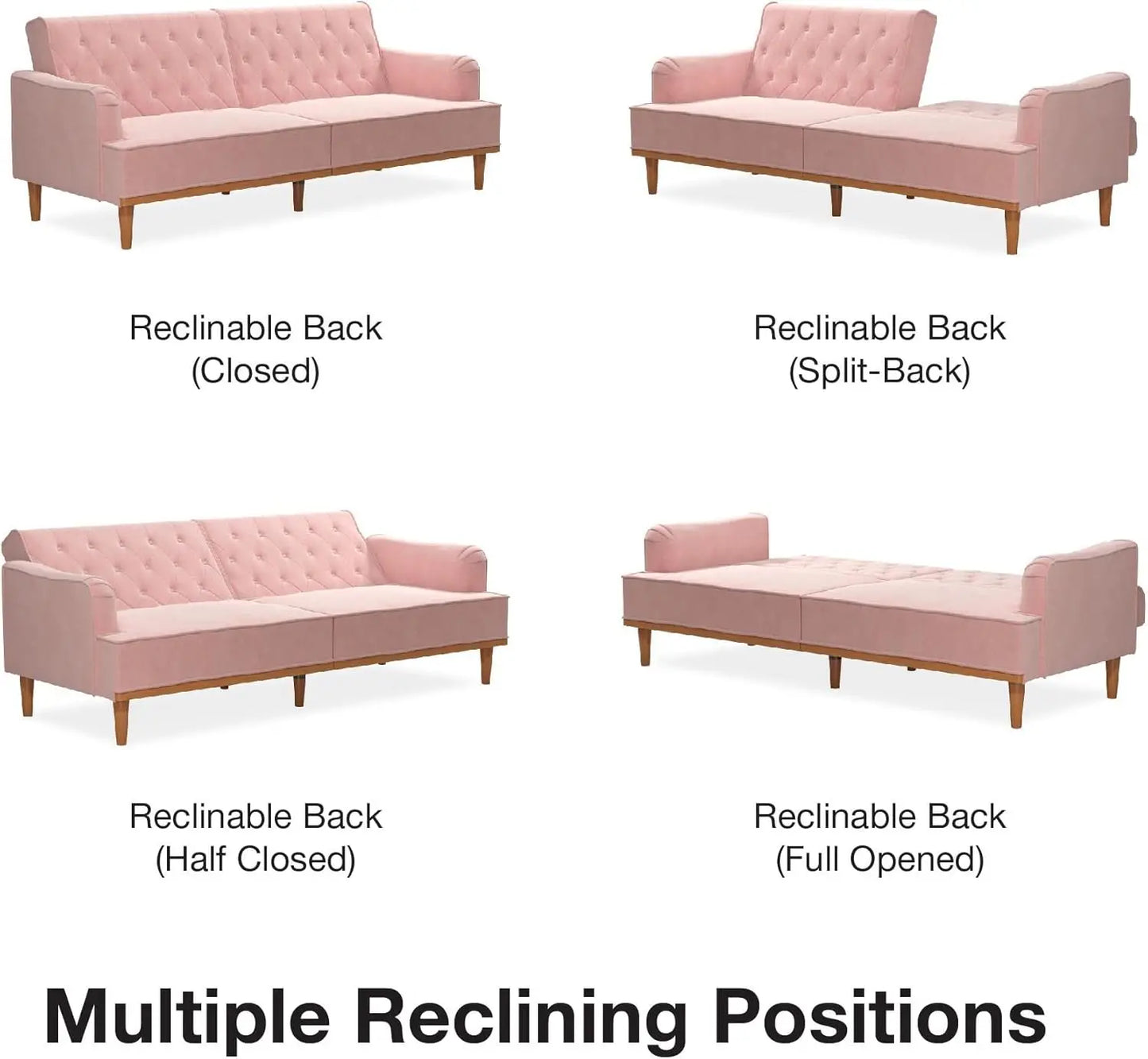 Stella 80 Inch Futon Sofa Bed In Velvet Fabric, Modern Upholstered Couch Sleeper With Button Tufted Back And Wood Trim, Pink