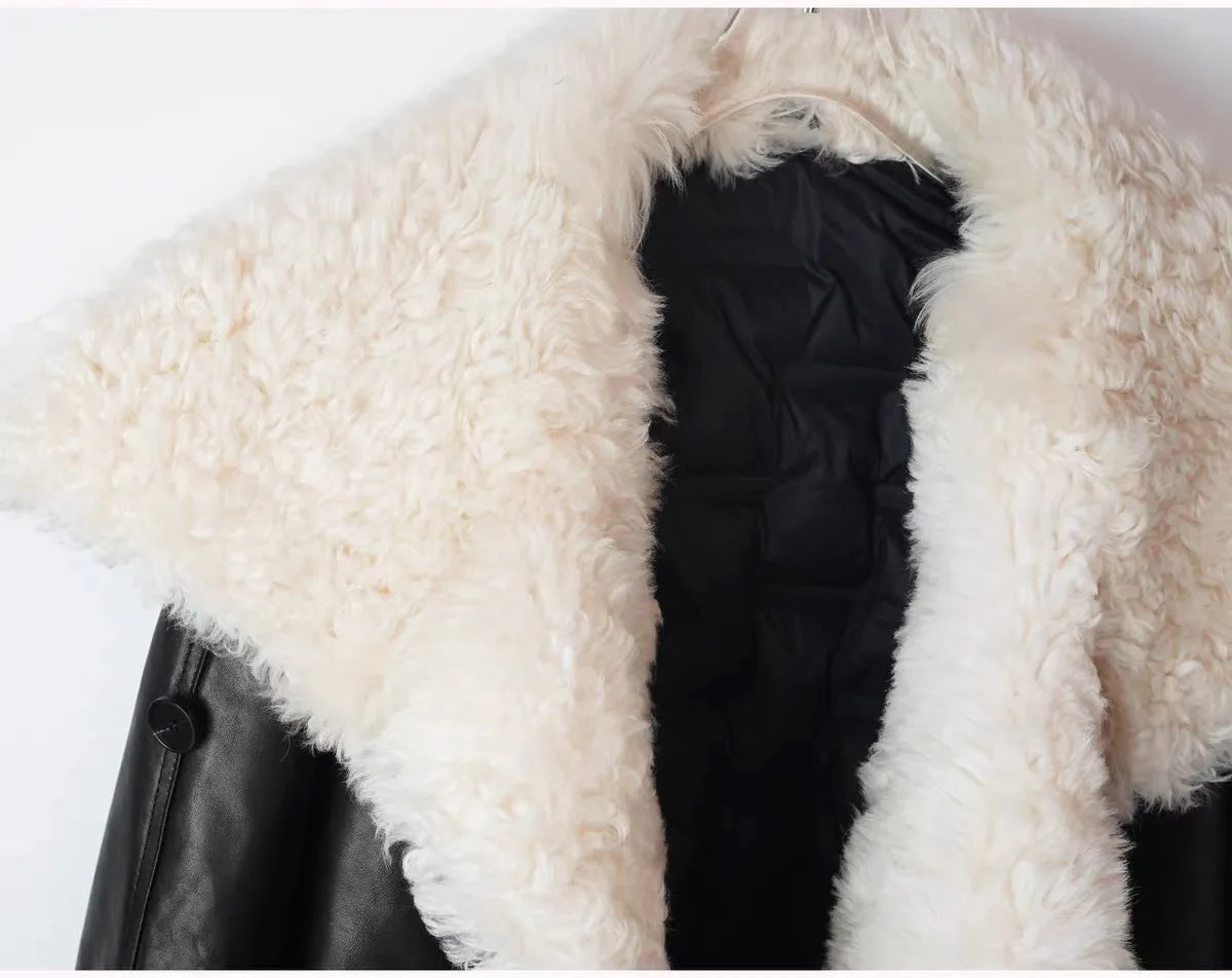 Winter in Coats & Jackets for Women 2025 Genuine Leather Jacket Female Large Wool Lapel Stylish Motorcycle Warm Short Coat With