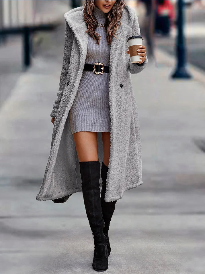 Hooded Coats Long Coat Women Work Turn Down Collar Warm Thick Work Trench Streetwear Elegant Jackets Open Stith Autumn Winter