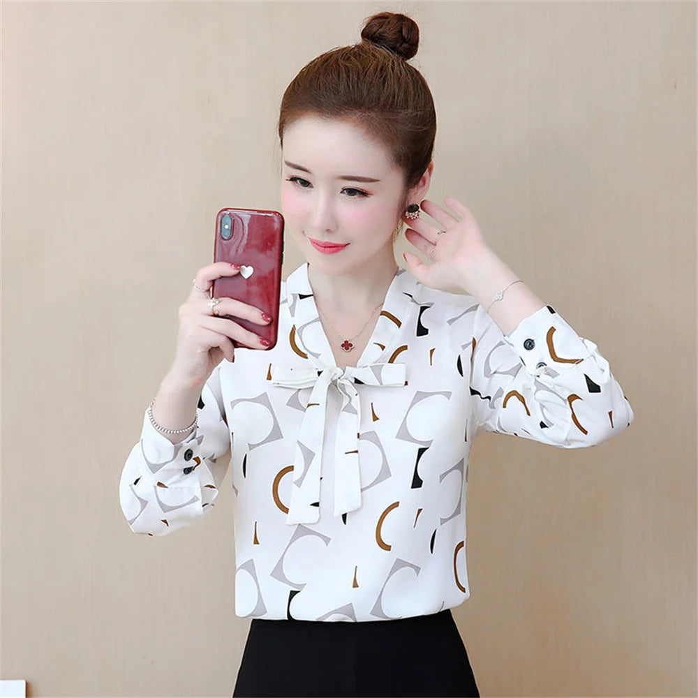 Fashion Female Elegant Bow Tie  pink Blouses Chiffon Collar Casual Shirt Office Ladies Blouse Summer Blouses for Women