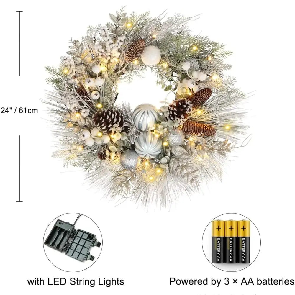 24 Flocked White Christmas Wreath with Pinecones, Berries, and Balls for Indoor/Outdoor Holiday Decor