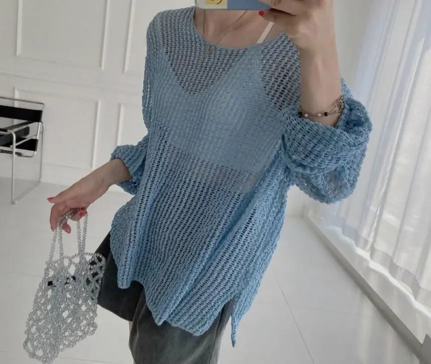 Hollow Out Pullovers Women Baggy O-neck Clothing Spring Casual Simple Elegant Vintage See-through Streetwear Lady Ulzzang Tender