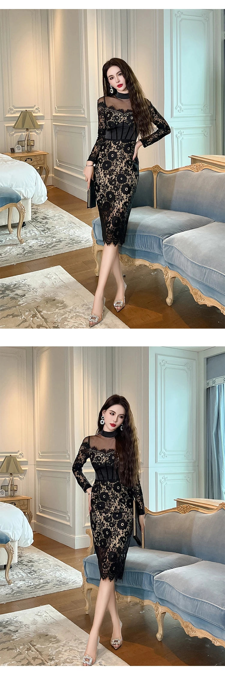 Fashion Ladies Black Lace Evening Dresses Women Clothing Elegant Chic Sexy Long Sleeve Slim Party Club Prom Dress Mujer Vestidos