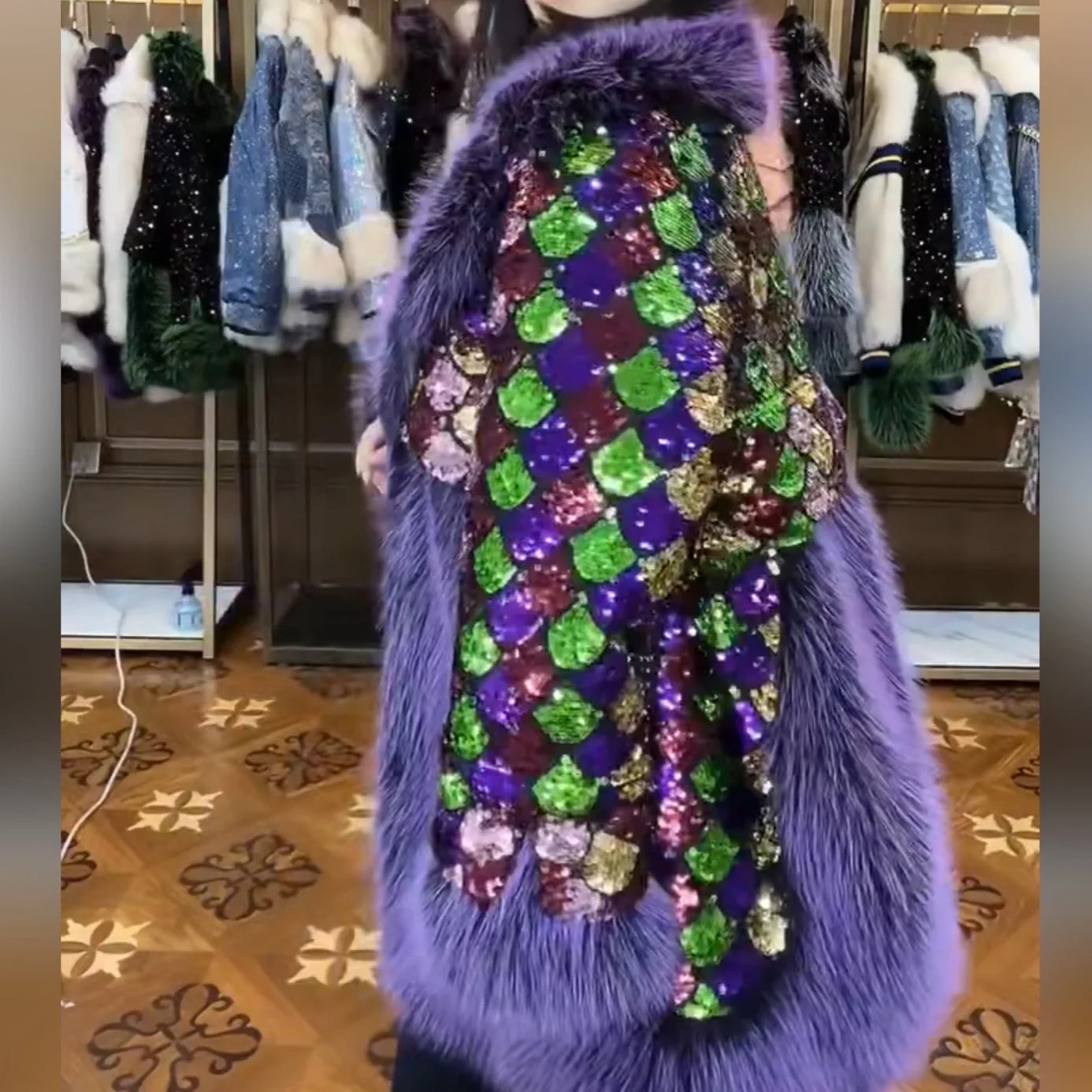 Fur Coat 2023 Winter Fashion Luxury Long Sleeve Toka Colorful Sequin Warm Fur Coat Jacket Oversized Thickened Coat Women
