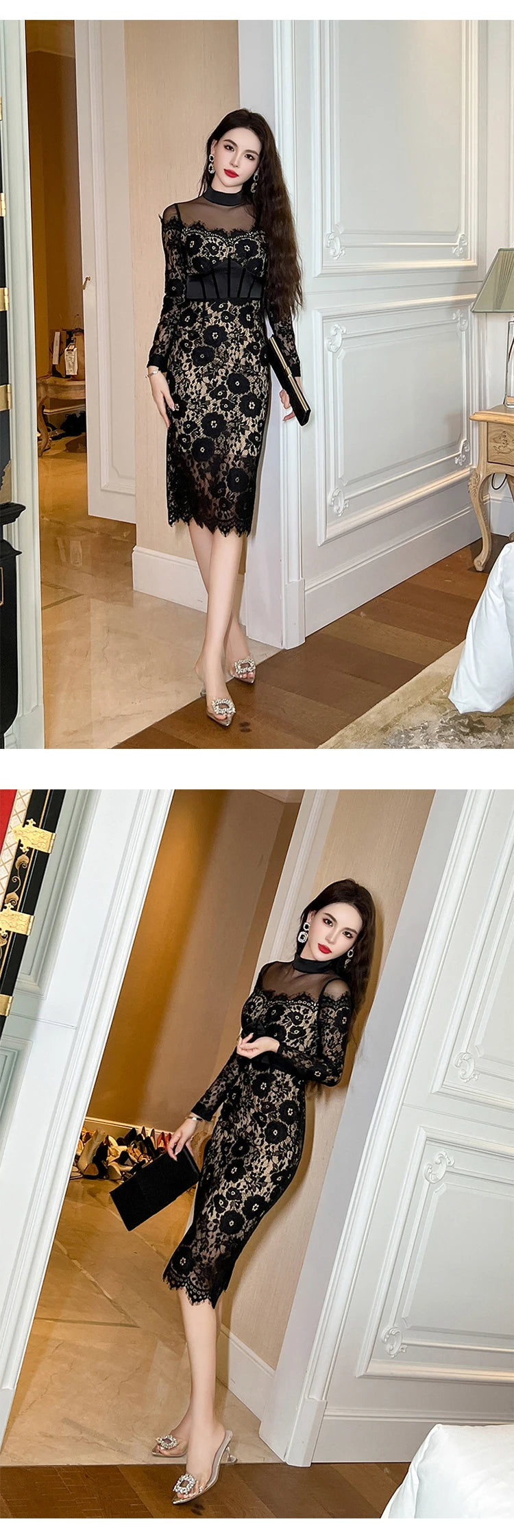 Fashion Ladies Black Lace Evening Dresses Women Clothing Elegant Chic Sexy Long Sleeve Slim Party Club Prom Dress Mujer Vestidos