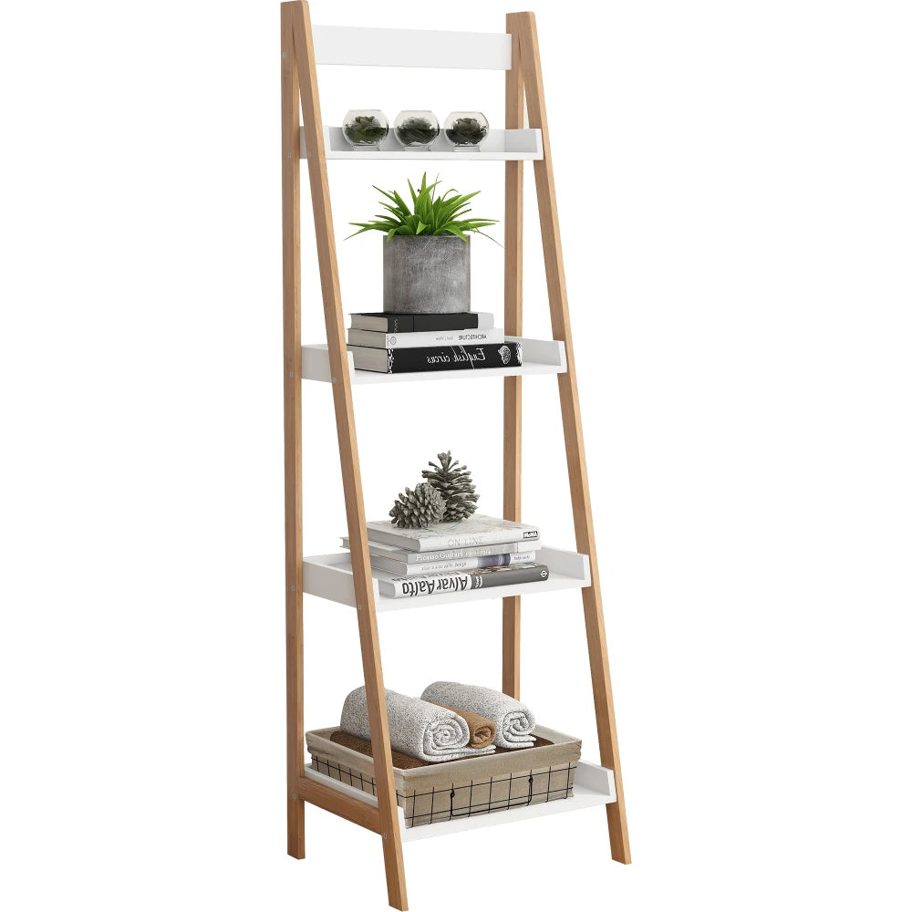 Solid Bamboo Wood Oxford “A”frame Ladder Display Bookshelf Warehouse Supermarket Kitchen Shelves Living Walnut 4 Tier Bookshelf