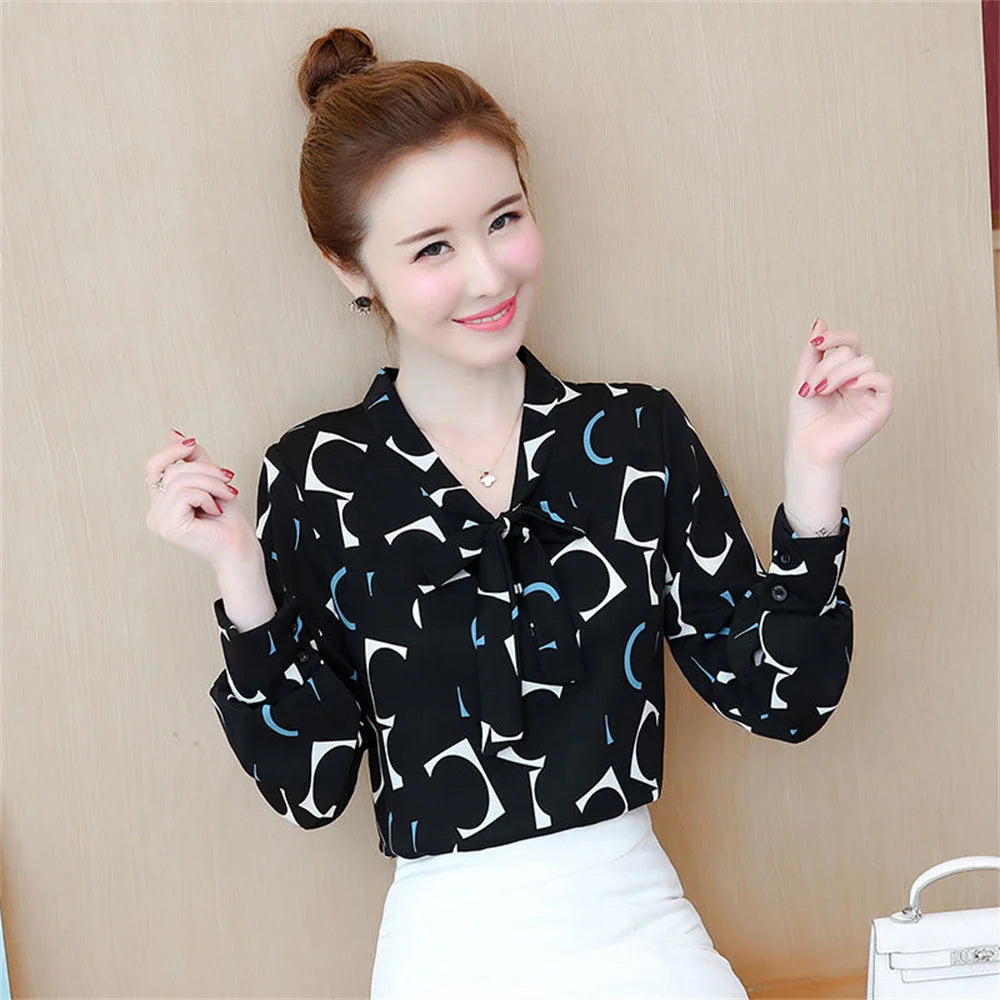 Fashion Female Elegant Bow Tie  pink Blouses Chiffon Collar Casual Shirt Office Ladies Blouse Summer Blouses for Women