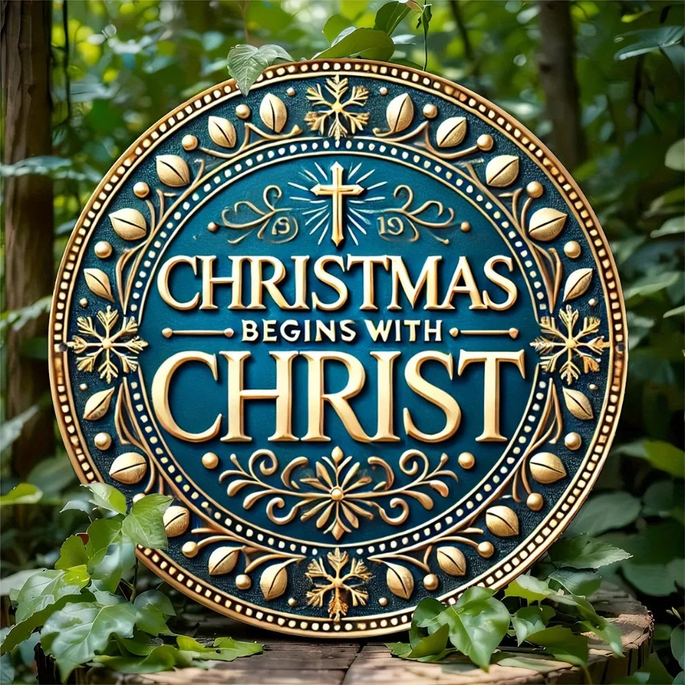 Christmas Begins with CHRIST' - Blue Christmas Sign - Metal Round Sign - For Home, Bar, Cafe, Restaurant Decor