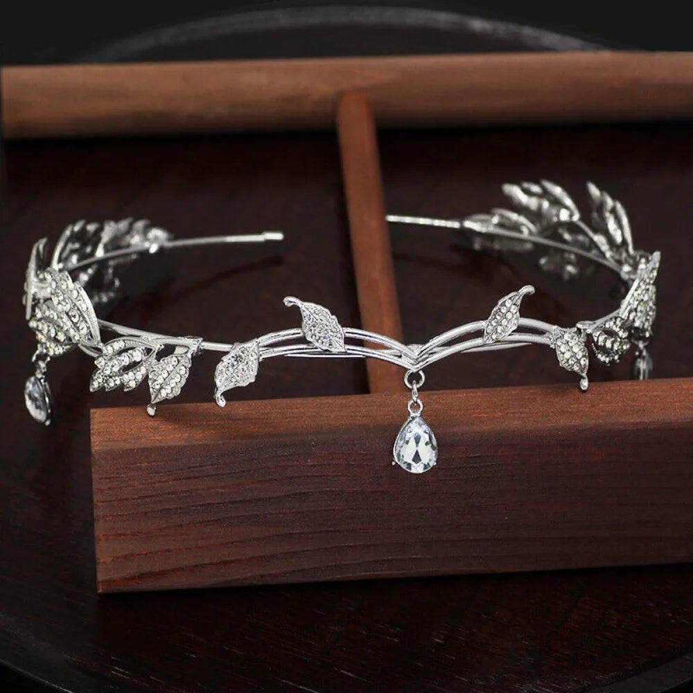 Rhinestone Leaf Wedding Tiara Headband for Brides, Silver Crown Headband for Pageants Wedding Prom Birthday