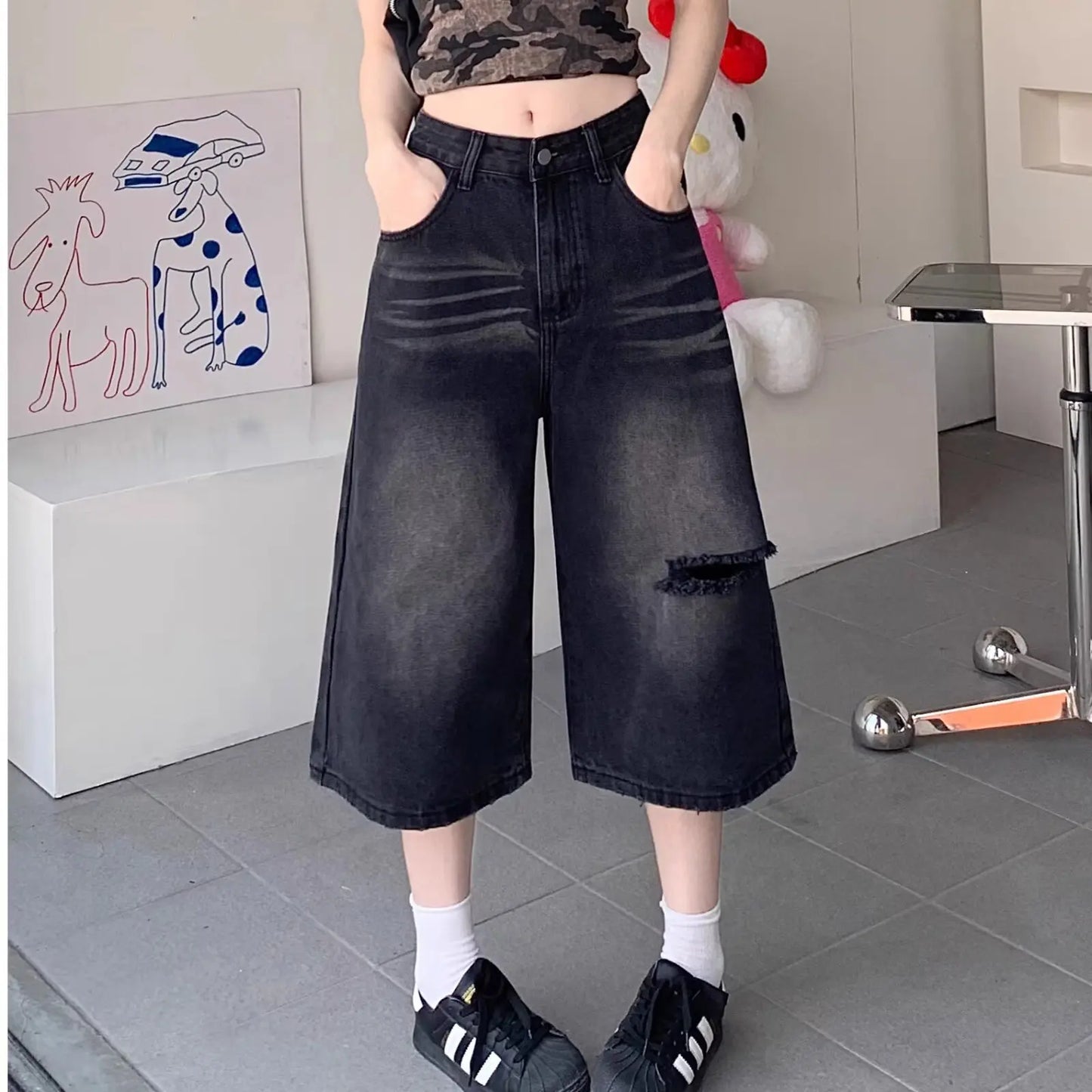 Jeans Woman 7-point Pants Summer Clothes Baggy Jorts Women's Wide Pants Shoujo Girl Style Coquette Jean Shorts High Waist Jeans
