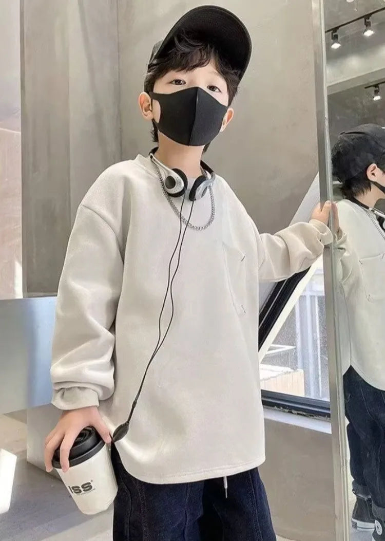 Sweatshirt Boys' Long Sleeve T-Shirt Spring 2025 New Solid Color Simple Stylish Casual Big Kids Top for 6-8 Years Old