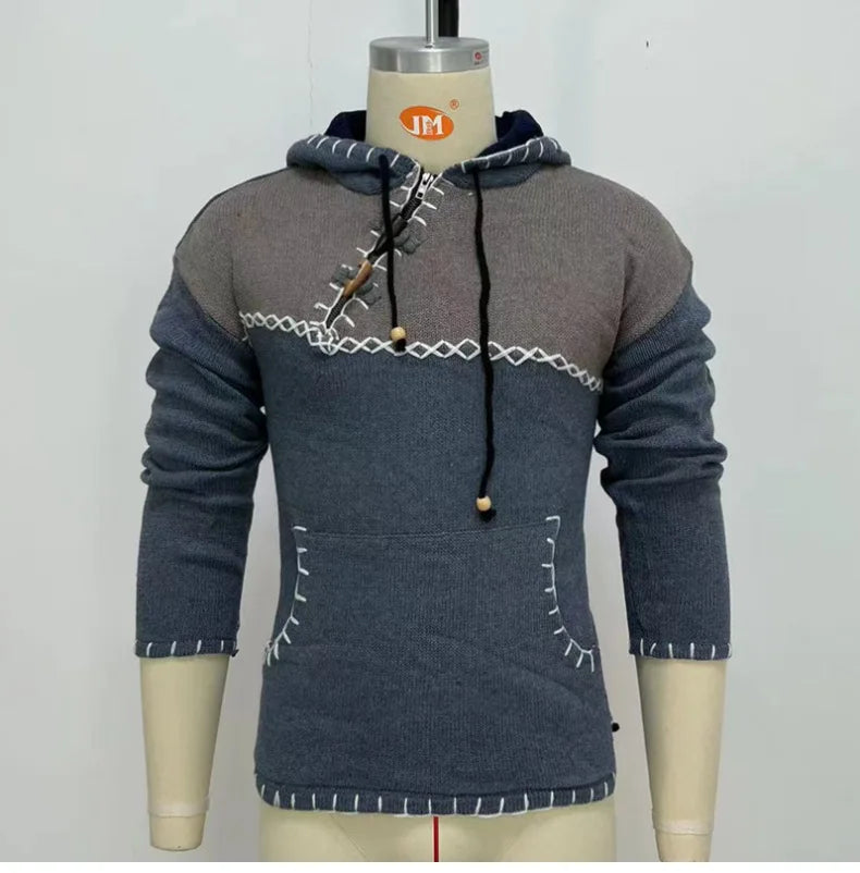 Pullovers Men Sweatshirts Sweaters Pockets Casual Loose Splice Hooded Knitted Drawstring Regular Thick Tops Autumn Winter