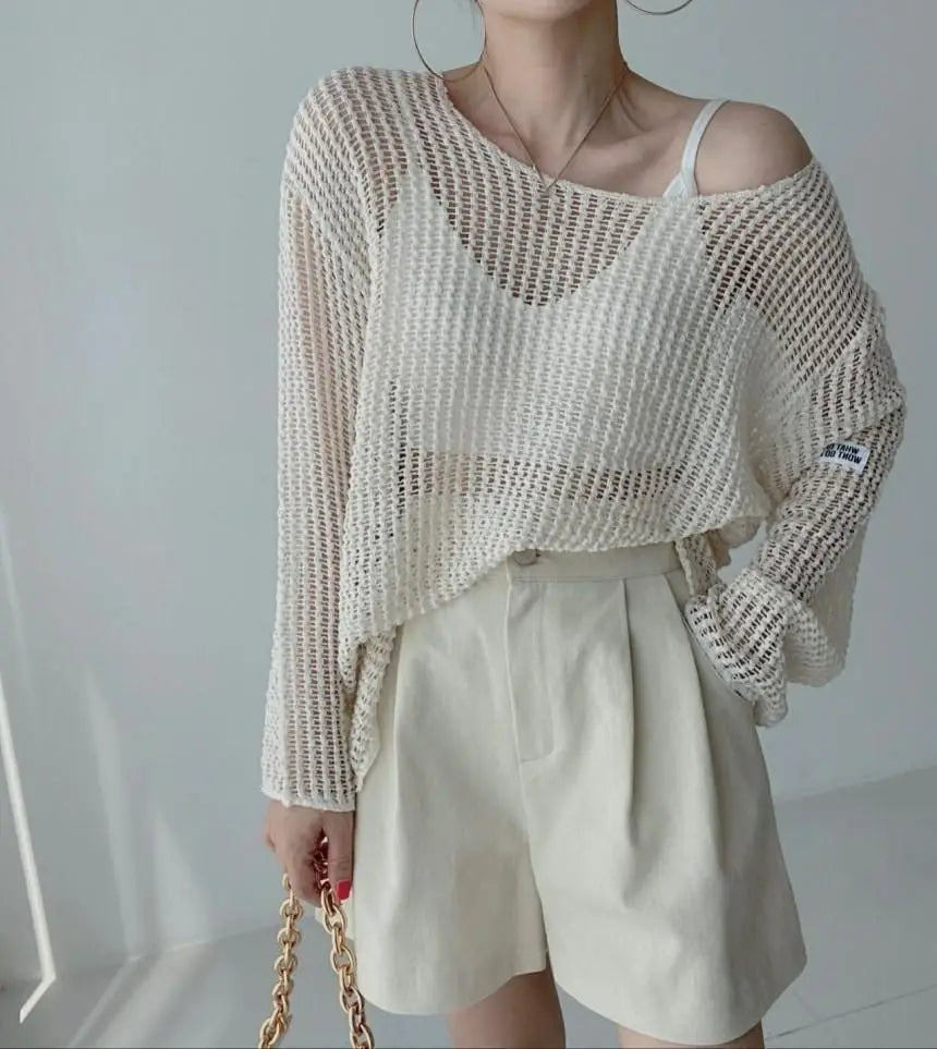 Hollow Out Pullovers Women Baggy O-neck Clothing Spring Casual Simple Elegant Vintage See-through Streetwear Lady Ulzzang Tender