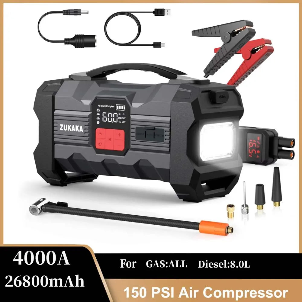 Car Jump Starter with Air Compressor Power Bank Portable Emergency Battery Booster Starting Device for Cars