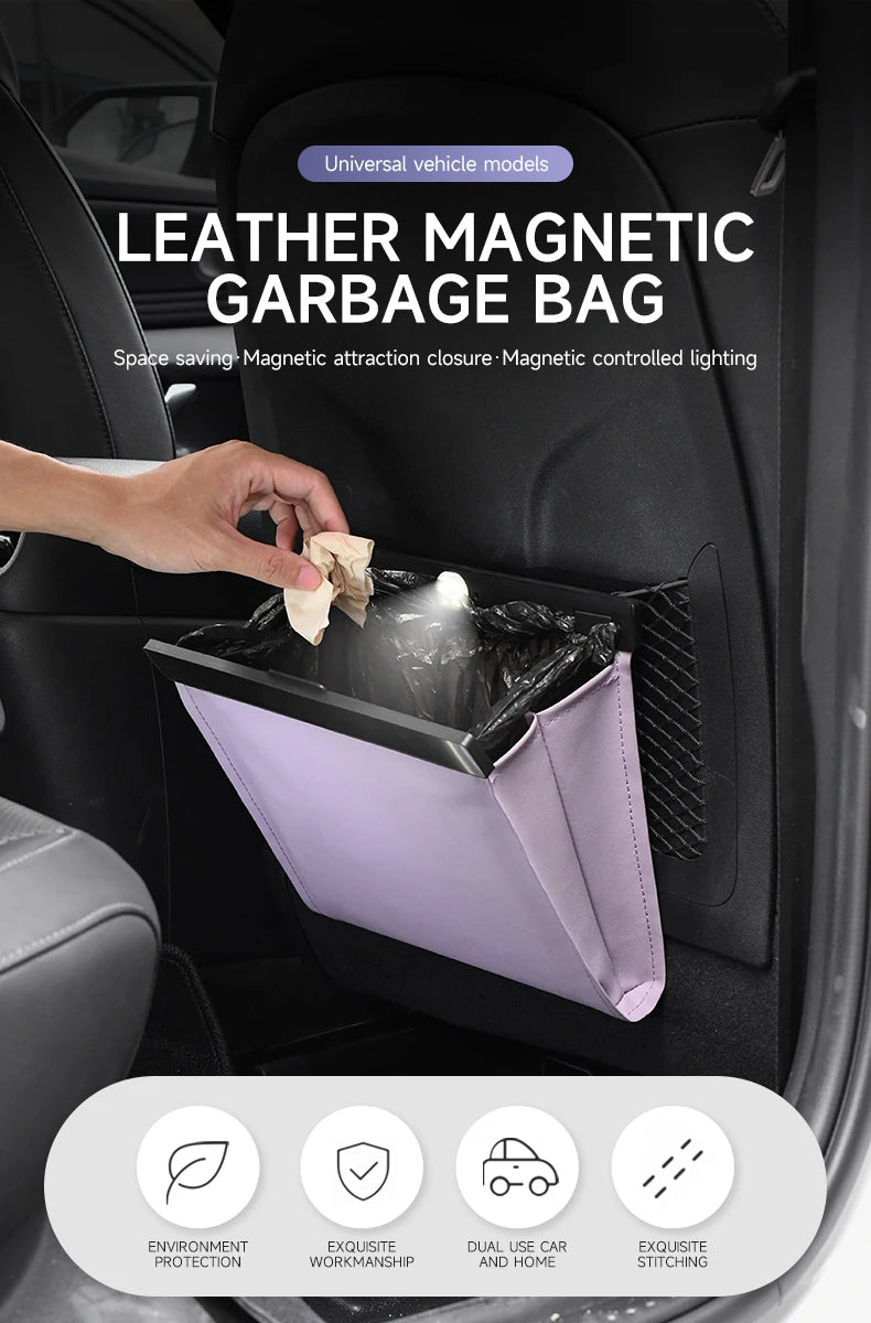 LED Car Garbage Bag Waterproof Magnetic Adsorption Trash Can Back Seat Hanging PU Leather Storage Box Pocket Leak-proof