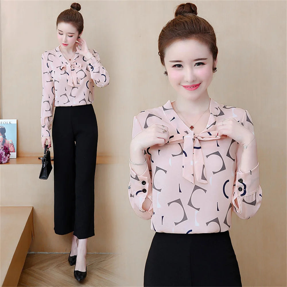 Fashion Female Elegant Bow Tie  pink Blouses Chiffon Collar Casual Shirt Office Ladies Blouse Summer Blouses for Women