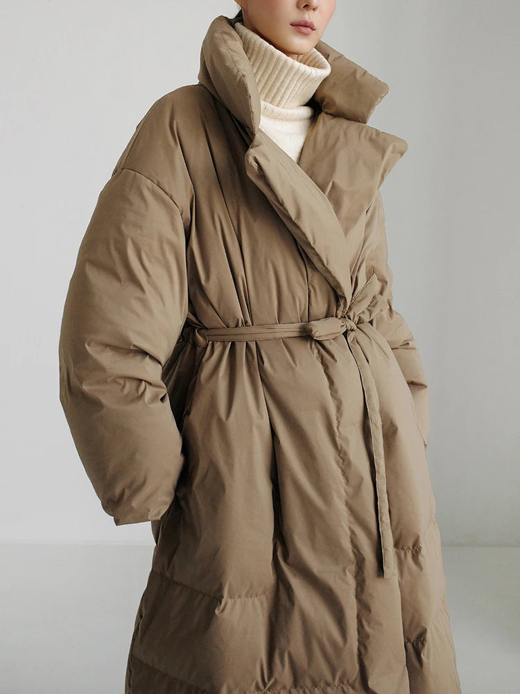 Winter New Stand Collar Long Down Jackets Loose Belt Long Sleeve Warm Coat Fashion Solid Cotton Padded Warm Down Overcoat Women