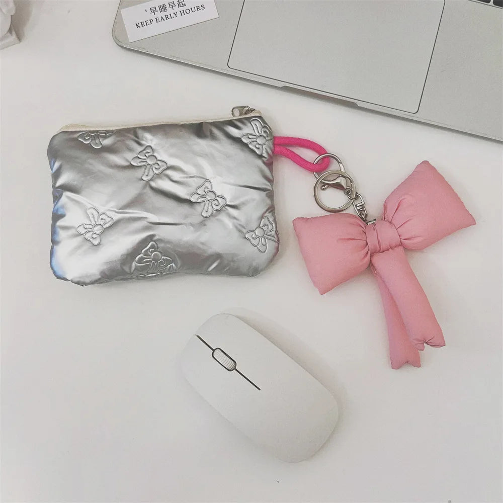 Silver Lingge Bow Pattern  Coin Purses Small Canvas Coin Wallet Lady Girls Earphone Coin Key Money Storage Bag Zipper Pouch