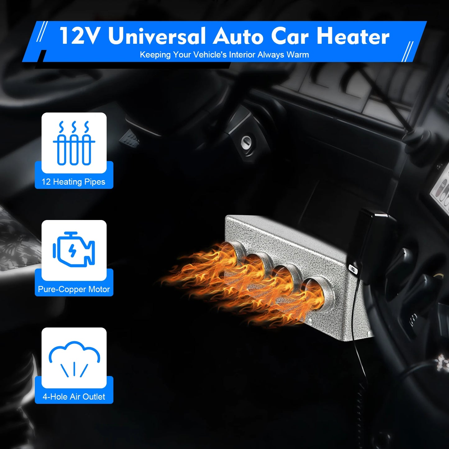 12V Universal Car Heater, Portable 8A Auto Heater with 4 Hoses, Fast Heating On-board Heater, Car Accessories