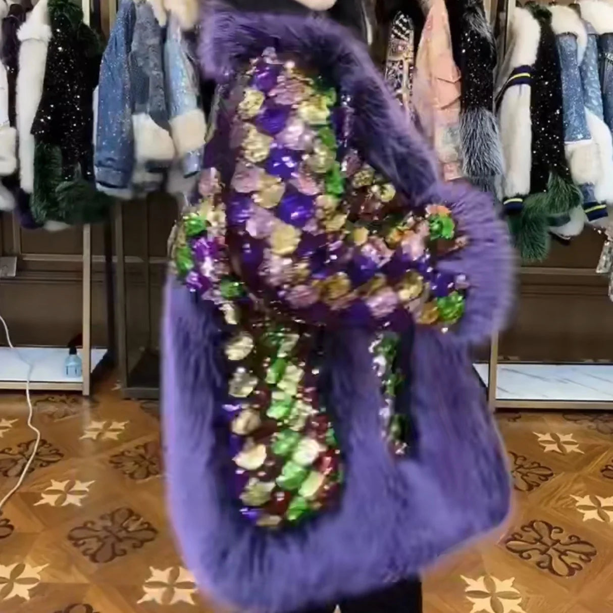 Fur Coat 2023 Winter Fashion Luxury Long Sleeve Toka Colorful Sequin Warm Fur Coat Jacket Oversized Thickened Coat Women