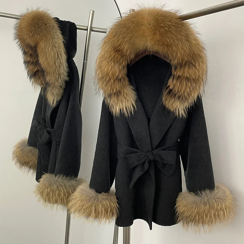 Real Fur Wool Coat Women Clothing Hooded Autumn Winter Commute Fur Coat 2025 Fashion Clothes Lady Raccoon Fur Woolen Jacket