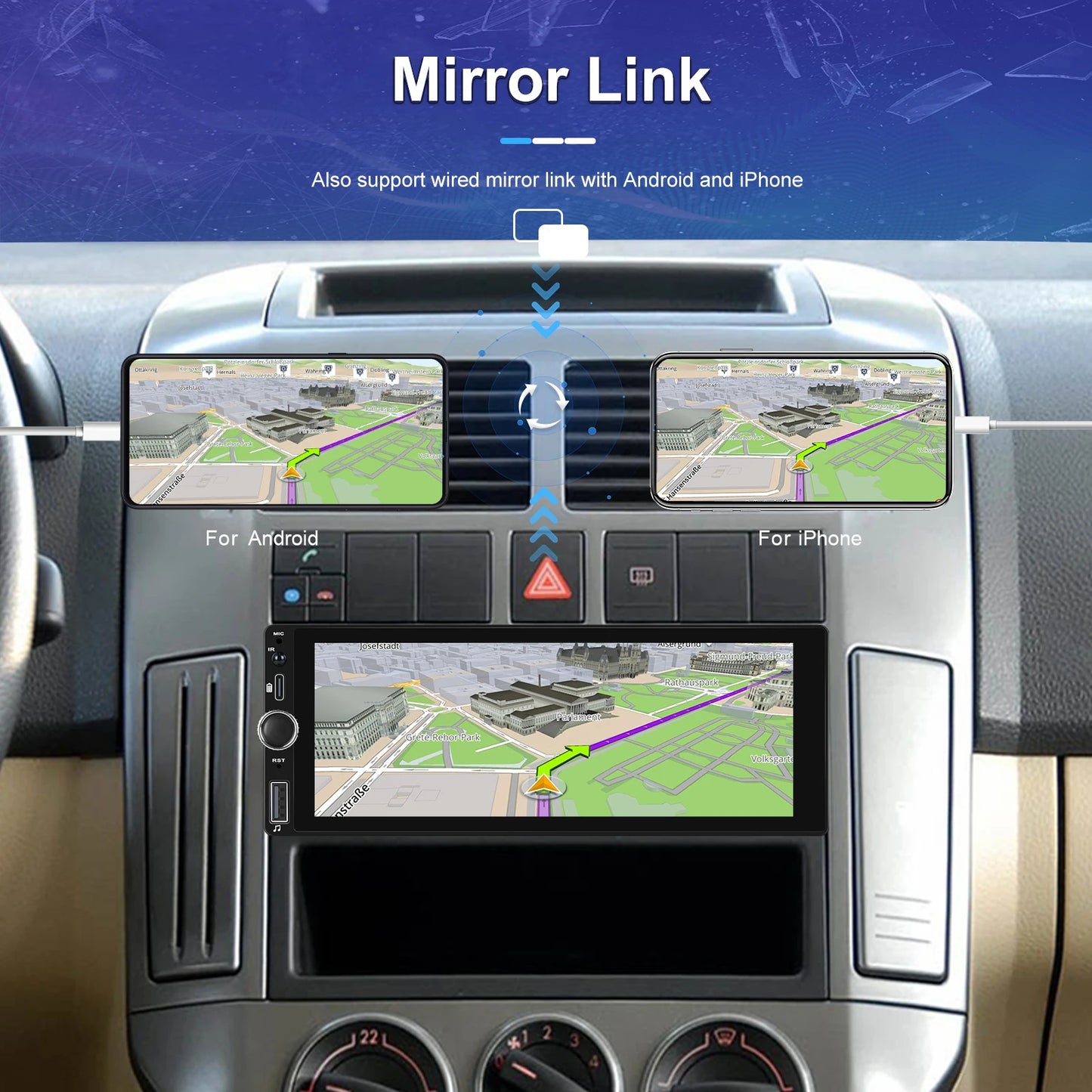 Hikity 2+64G Carplay Android 1din Car Radio Android Auto Stereo 6.86" GPS Navigation Player support FM WiFi USB Rear Camera