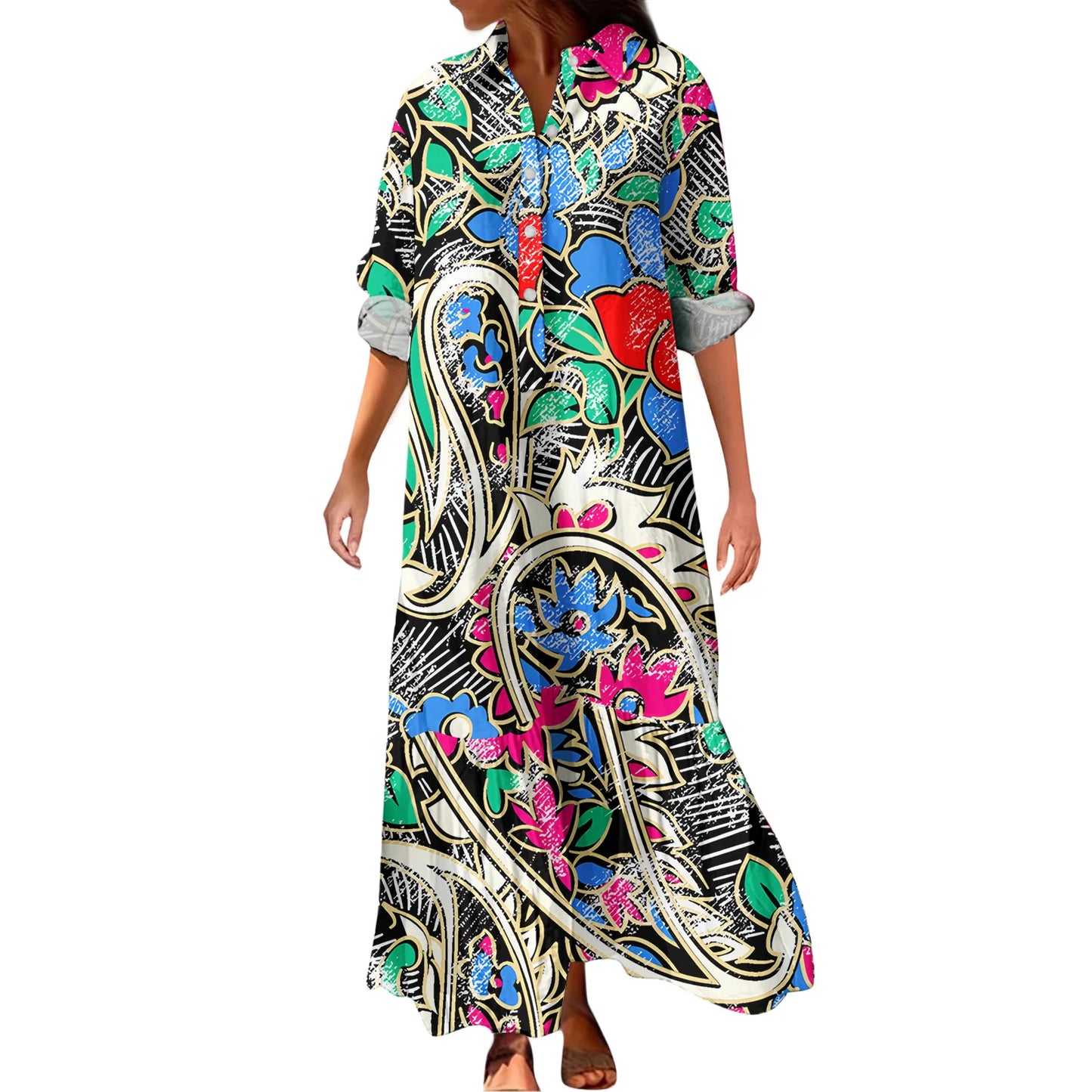 Ladies' Fashionable Temperament Autumn And Winter Button Lapel Long Sleeved Retro Printed Spring And Autumn Dress