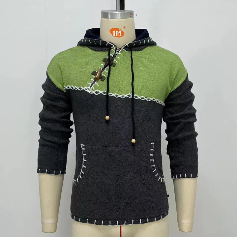 Pullovers Men Sweatshirts Sweaters Pockets Casual Loose Splice Hooded Knitted Drawstring Regular Thick Tops Autumn Winter