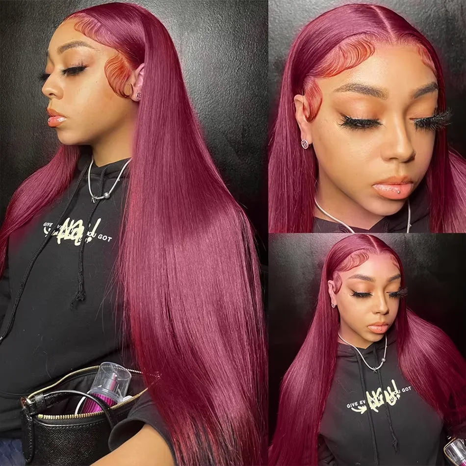 Straight Burgundy 99j Color Wig 180 Density Transparent Lace Frontal Human Hair Wig 13x6 Lace Frontal Human Wigs For Women