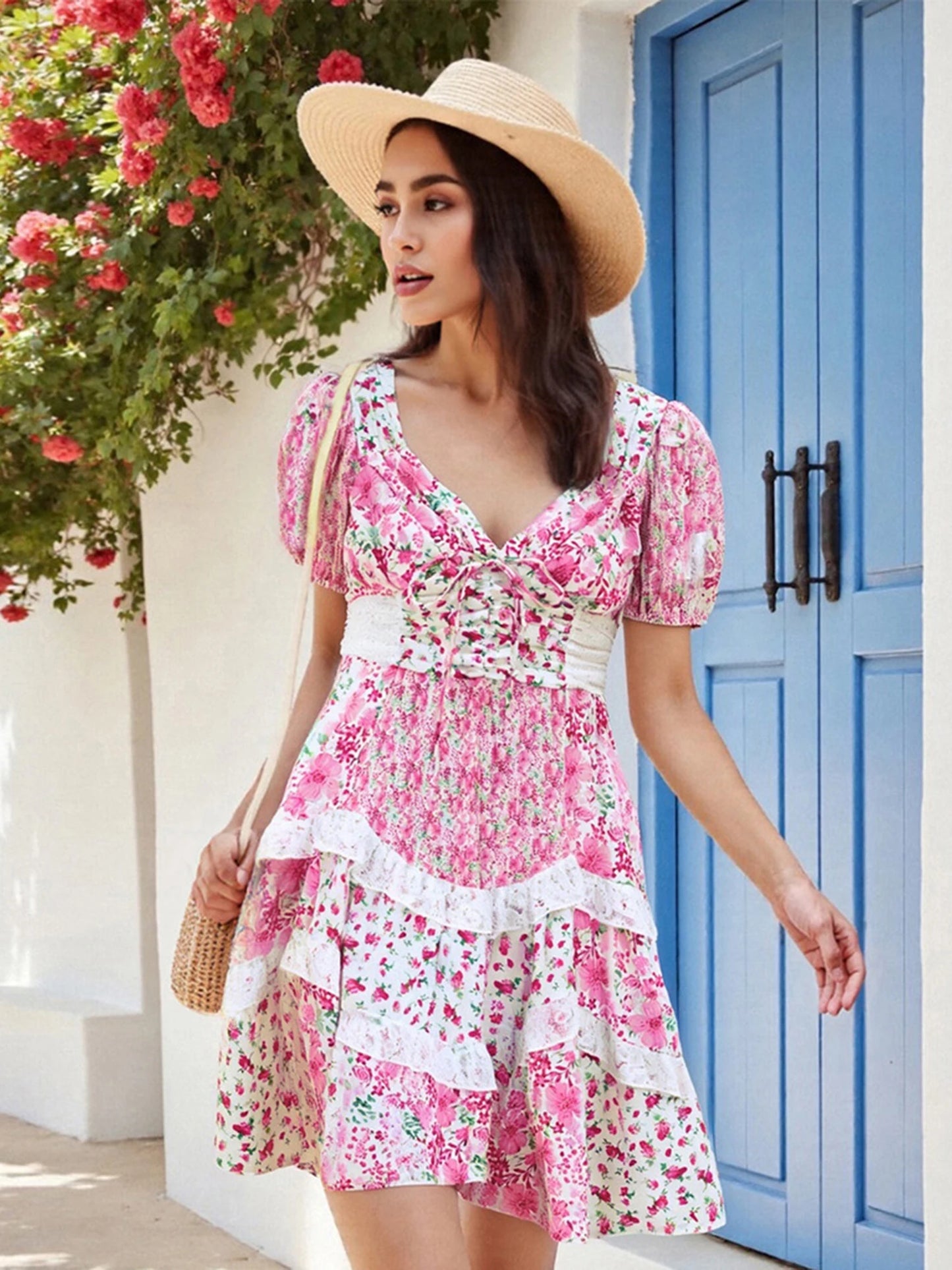 Elegant Floral Print Mini Dress with Chic Tie Bow Detail Delicate Lace Trim Flattering V Neckline and Short Sleeves Perfect