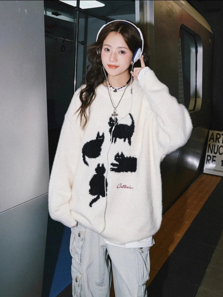Pullovers Women Cartoon Trendy All-match O-neck Lazy Style Autumn Winter Imitation Mink-fleece Knitted Cozy Chic Ins Sweaters