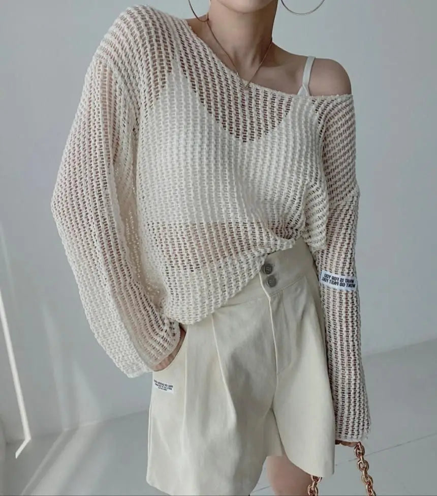 Hollow Out Pullovers Women Baggy O-neck Clothing Spring Casual Simple Elegant Vintage See-through Streetwear Lady Ulzzang Tender