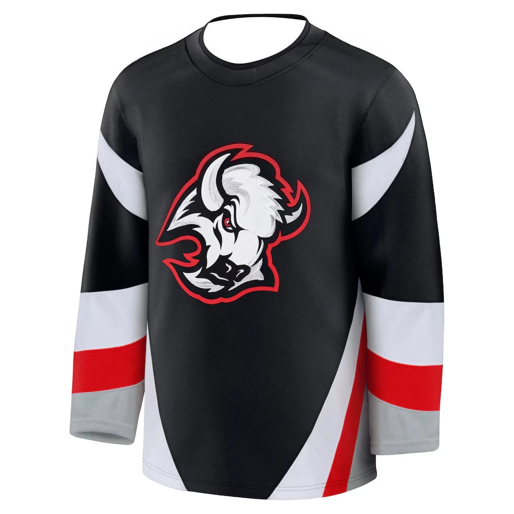 Hockey Jersey - Black with Red/White/Gray Accents Aggressive Bison Head Logo Comfortable Base Layer for Autumn and Winter