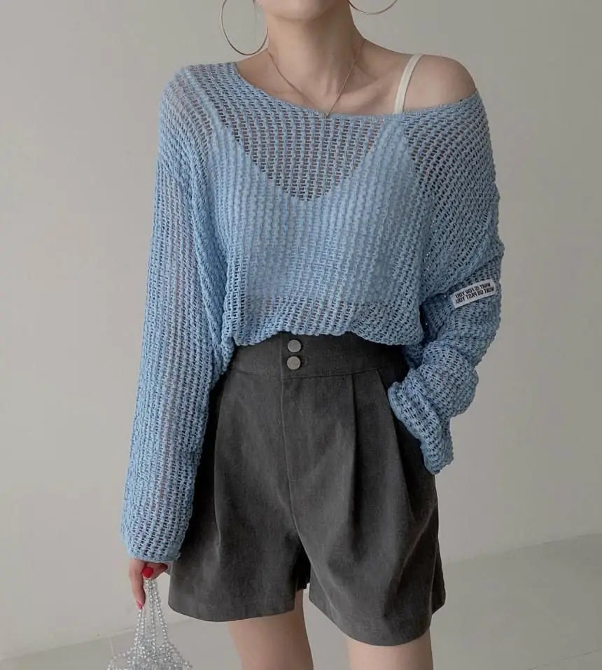 Hollow Out Pullovers Women Baggy O-neck Clothing Spring Casual Simple Elegant Vintage See-through Streetwear Lady Ulzzang Tender