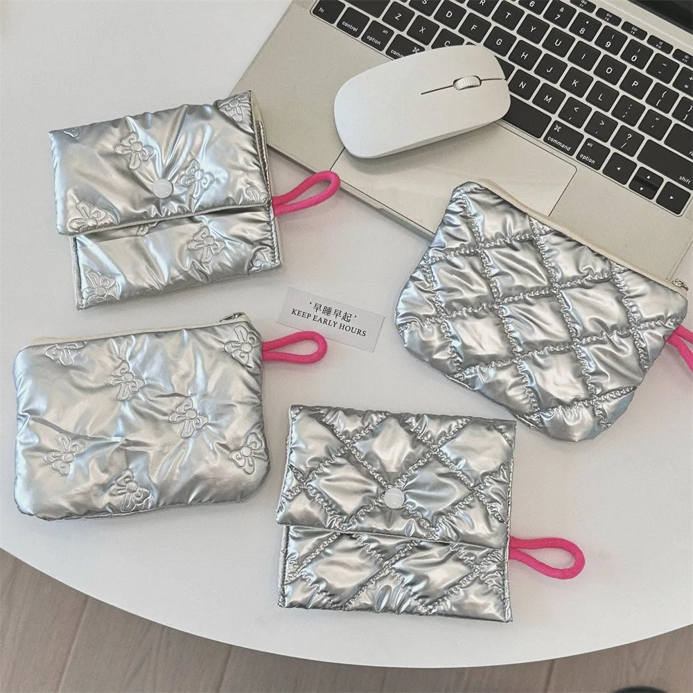 Silver Lingge Bow Pattern  Coin Purses Small Canvas Coin Wallet Lady Girls Earphone Coin Key Money Storage Bag Zipper Pouch