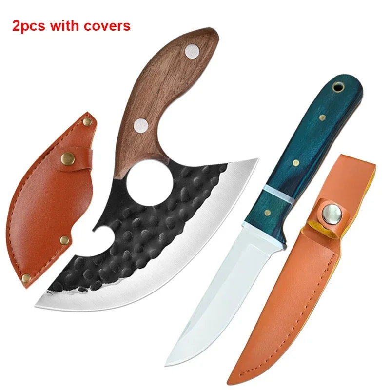 Barbecue Knife Can Open Bottle Cleaver Meat Fruit Vegetables Utility Boning Knife Kitchen Chef  Knives Wooden Handle With Sheath