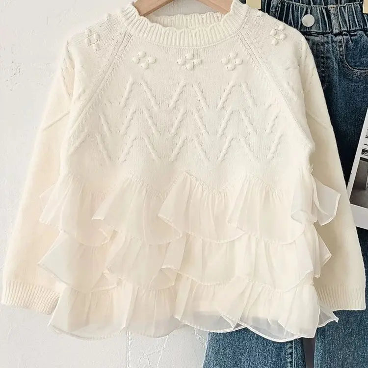 Sweaters Girls Sweater with Trendy Spring Autumn Korean Style Beautiful Lace White Top for Little Girls Princess Style 2025