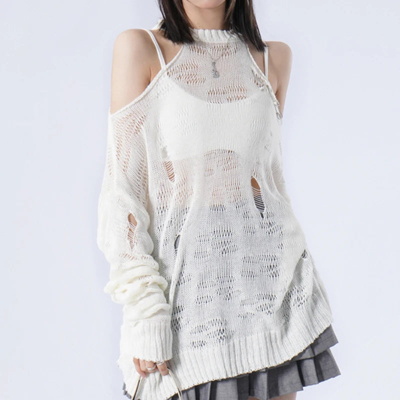 Pullovers Women Hole Streetwear Personality Sheer Hotsweet Female Casual Loose Spring Korean Style Off Shoulder Comfort Sweater