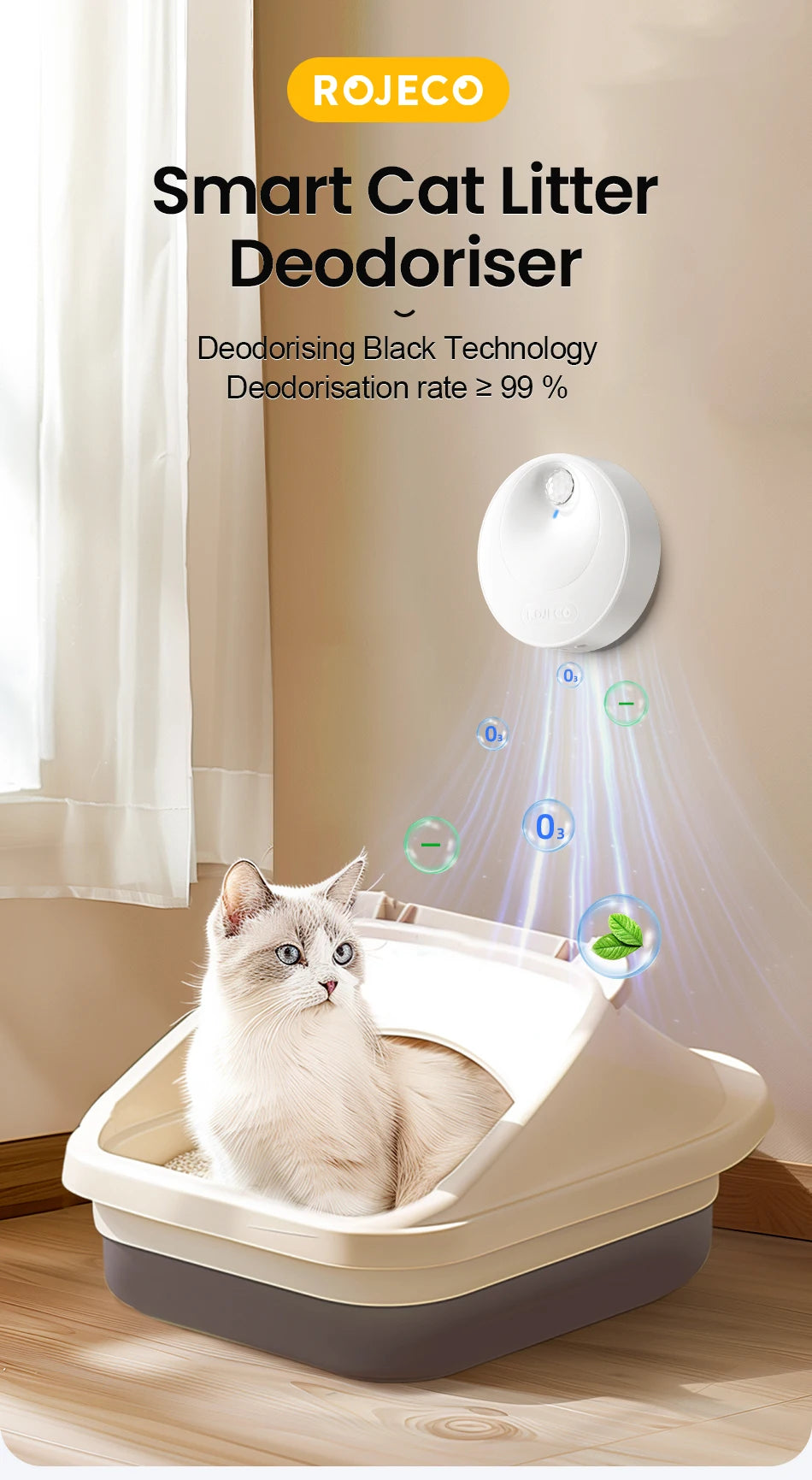 ROJECO 4000mAh Smart Cat Litter Deodoriser Automatic Cat Litter Box Odor Purifier For Pet Toilet Deodorant Purifier Accessories