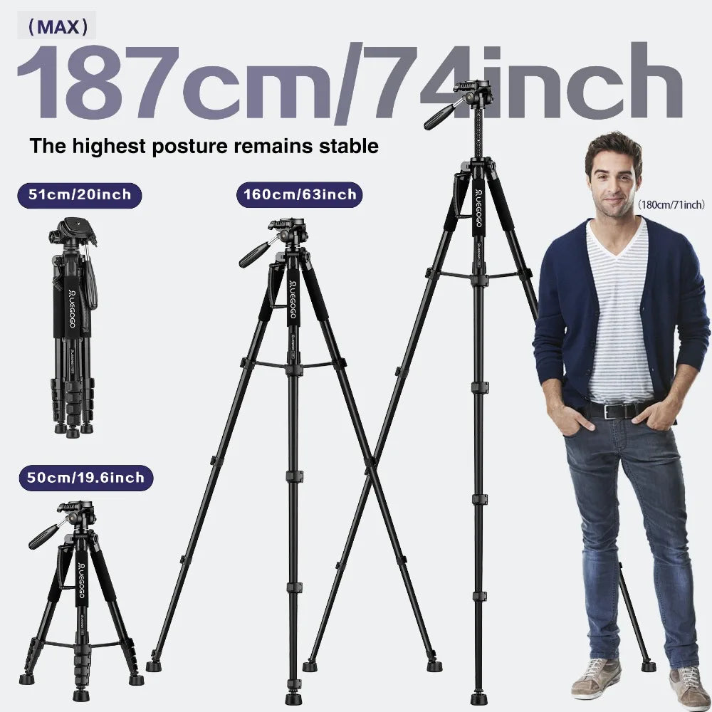 Q188 187cm/73in Tall Tripod Stand for Professional Camera Spotlight Telescope Binoculars 360° Rotatable Phone Holder for Video