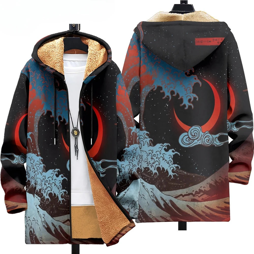 Men Cardigans Coats Black White Texture Printed Plush Thick Winter Abstract Art Graphics Jackets Casual Streetwear Clothing