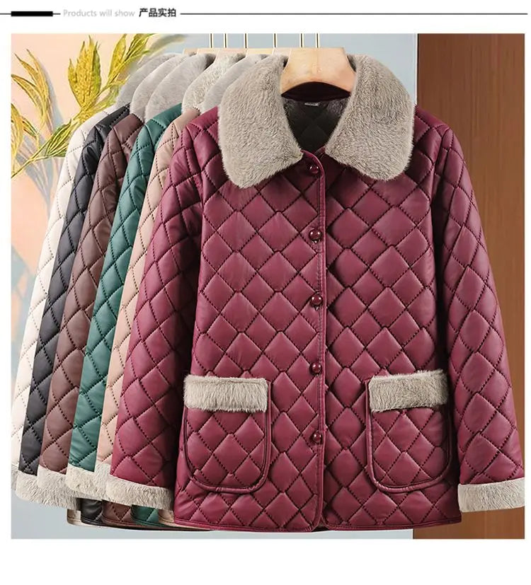 Female Winter Clothes Mother's Clothes With Added Velvet For Warmth Coat Fashionable New Short Ribbed Thickened Jacket Autumn