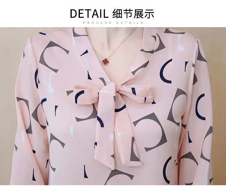 Fashion Female Elegant Bow Tie  pink Blouses Chiffon Collar Casual Shirt Office Ladies Blouse Summer Blouses for Women