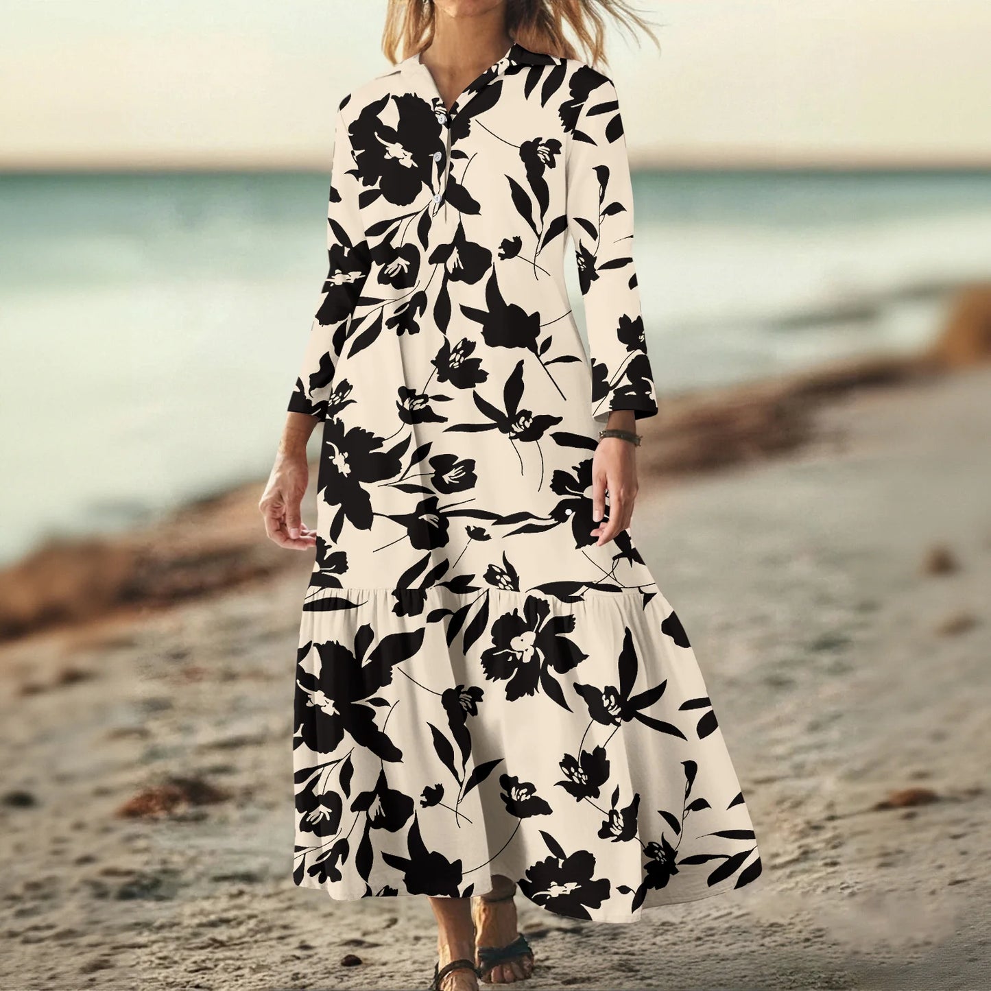 Ladies' Fashionable Temperament Autumn And Winter Button Lapel Long Sleeved Retro Printed Spring And Autumn Dress
