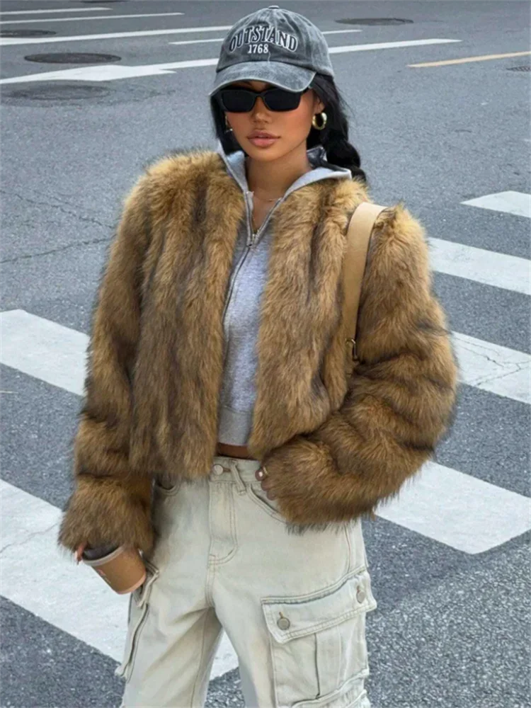 Fashion Faux Fur Coat For Women Warm Round Neck Long Sleeve Furry Short Coats 2025 Autumn Winter New Lady Streetwear Cardigans